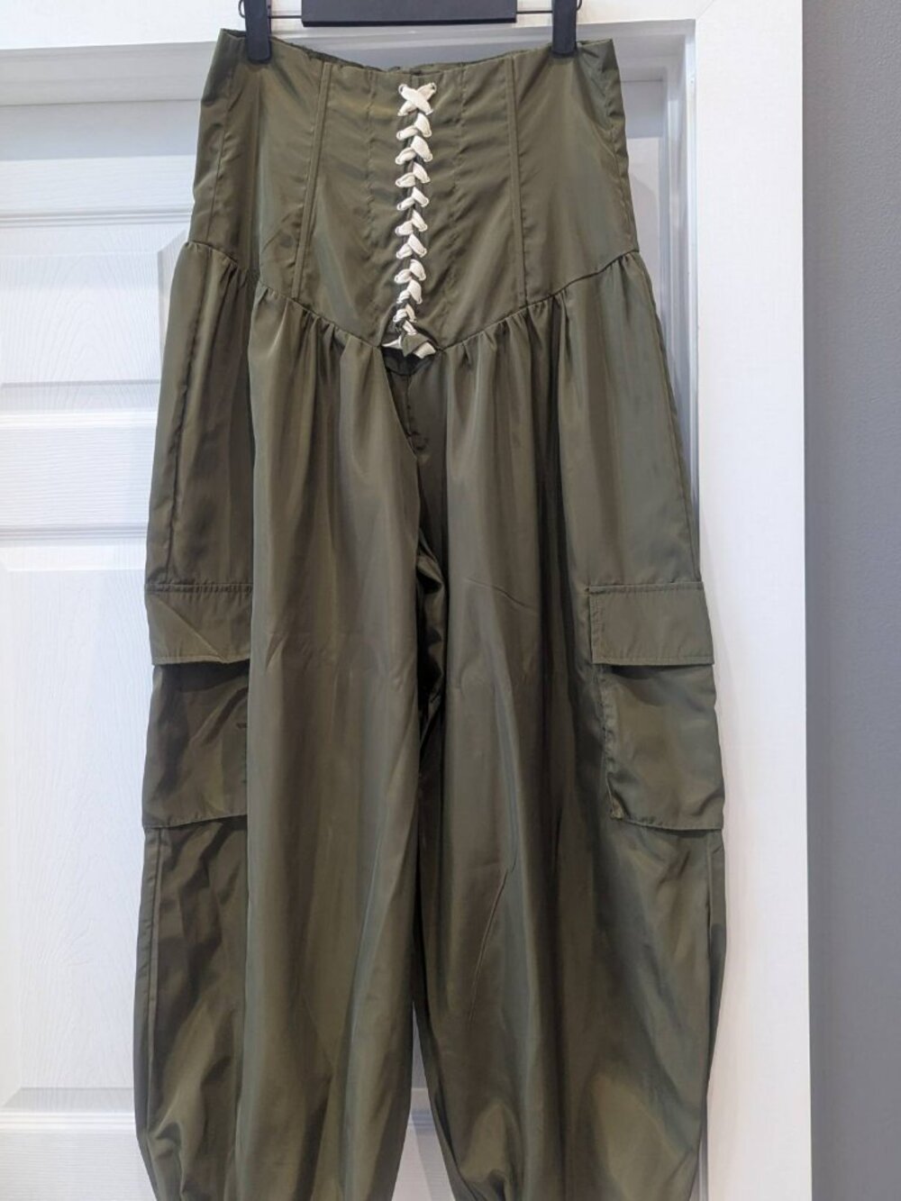 Olive Green Cargo Track Pants with Lace-Up Waist